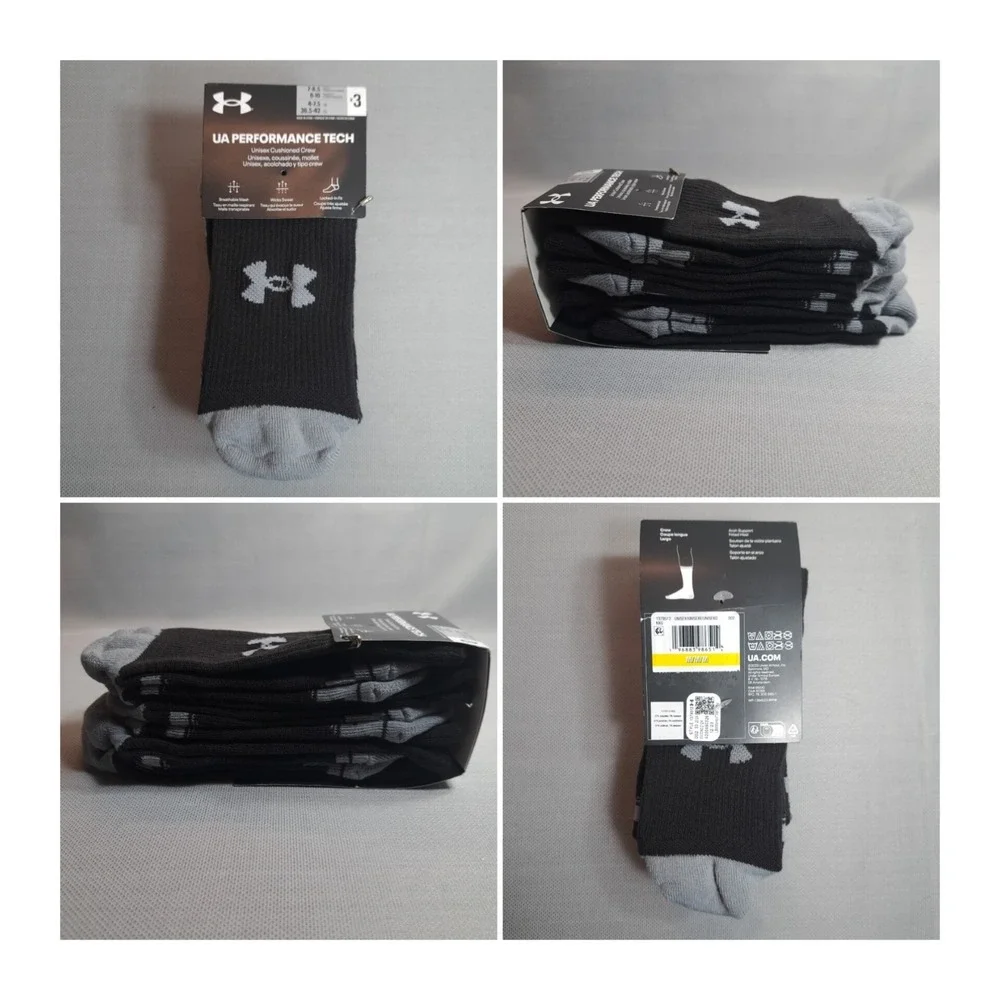 Under Armour 3 Pairs Unisex Cushioned Crew Socks Black/Gray M 7-8.5‎ W 6-10